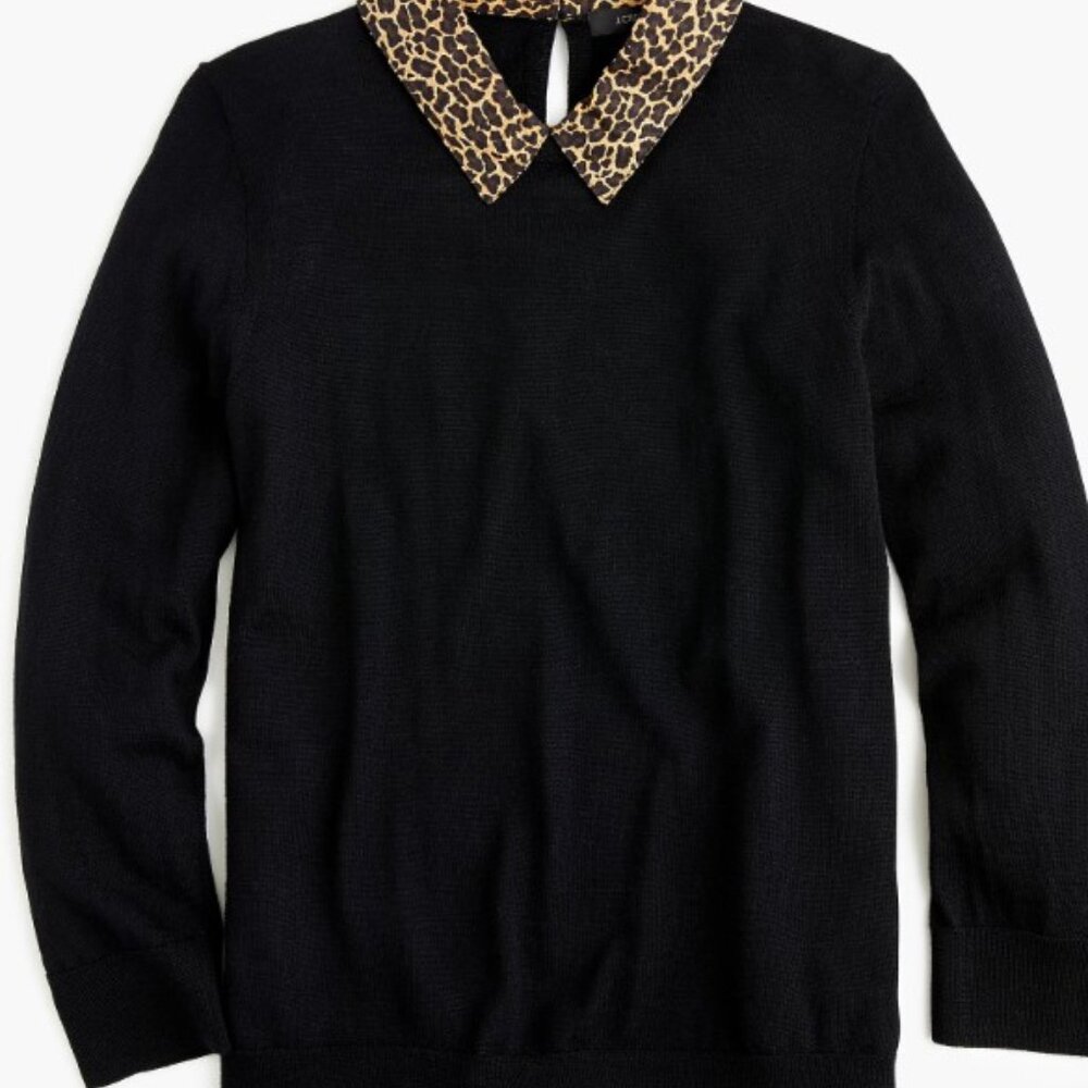 J. Crew 100% Merino Wool Tippi Black Sweater with Leopard Print Collar